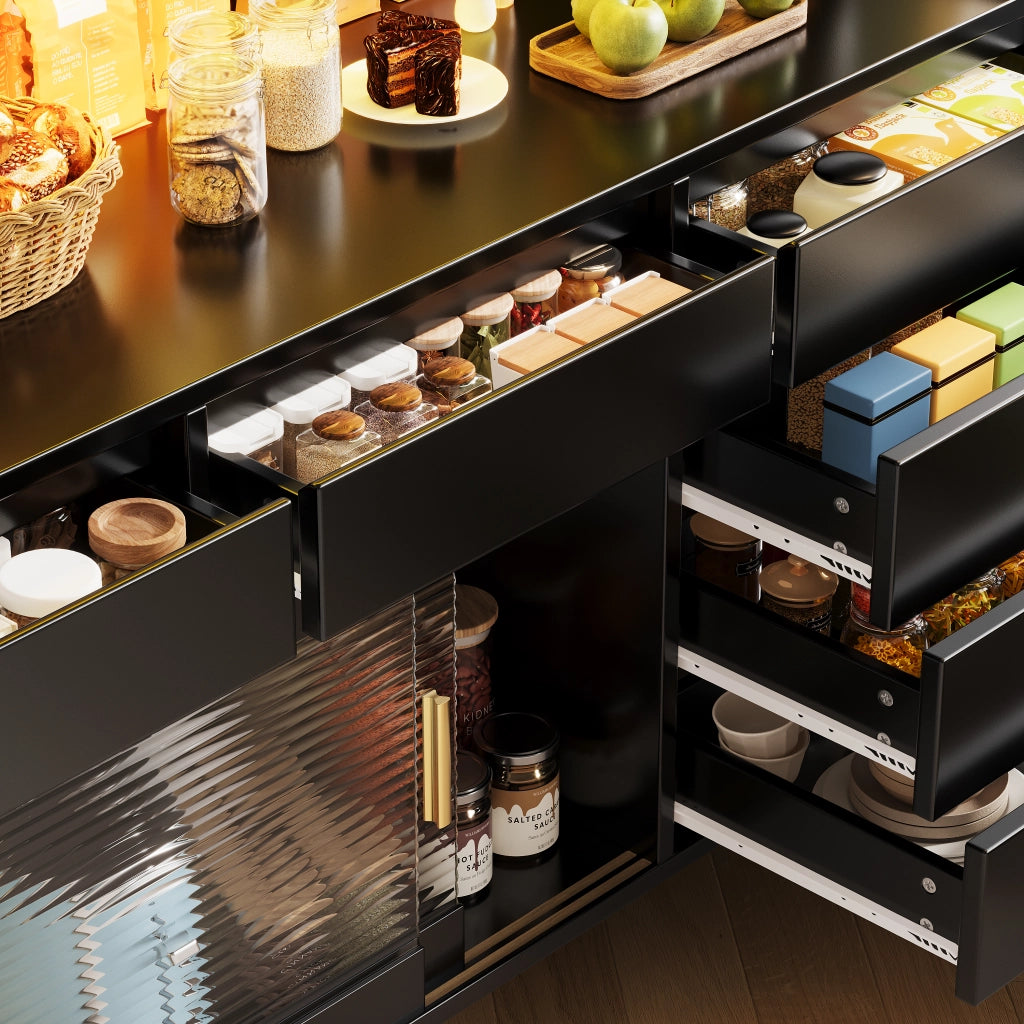 Mobile contenitore con ante scorrevoli LED controllabile via app in MDF vetro e metallo nero 145 × 39 × 171 cm
