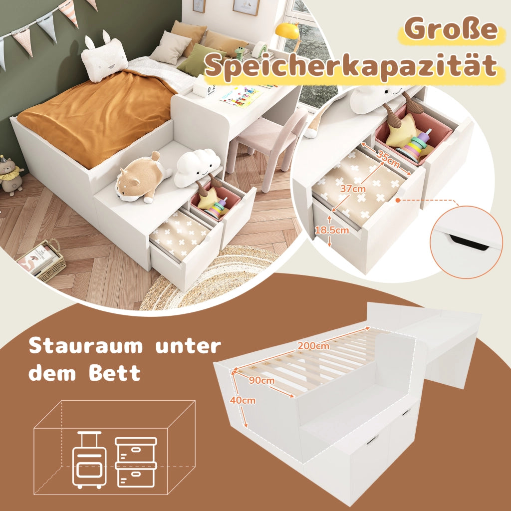 Letto Combinato 90 x 200 cm - Scrivania; 2 Cassetti e Sponda - in Legno e MDF - Bianco