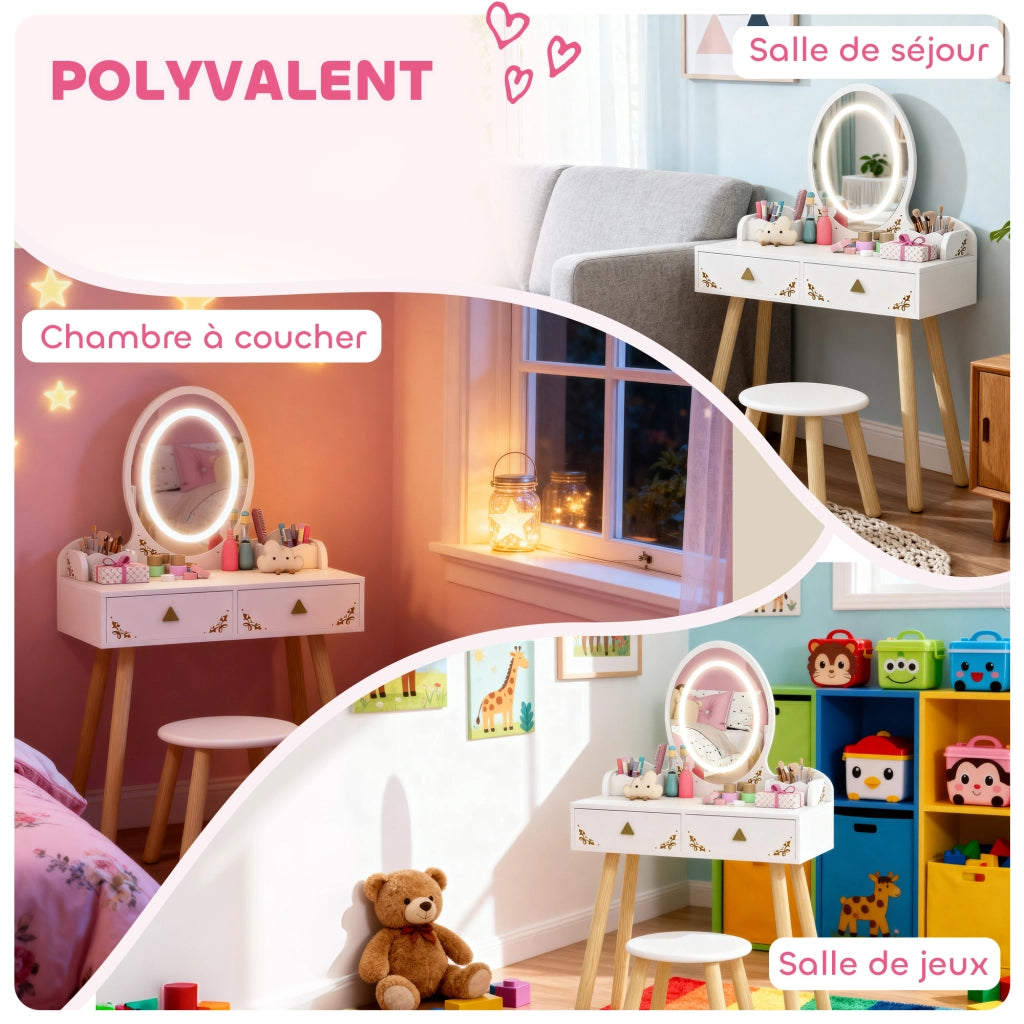 Scrivania per bambini con specchio LED e sgabello ¨C zephmum ¨C bianco 60x30x99,3 cm