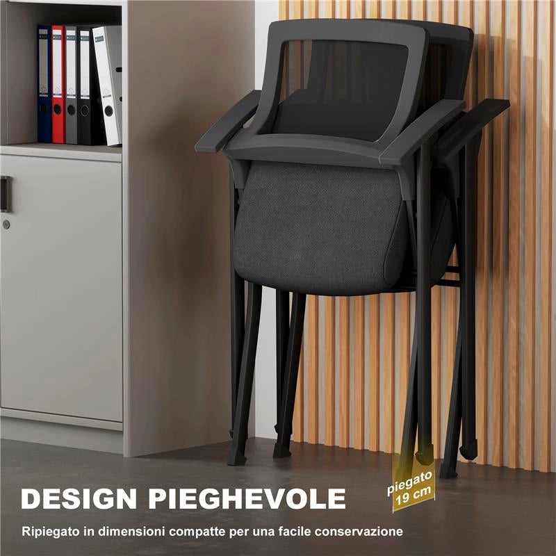 SET 2 SEDIE PIEGHEVOLI CON SCHIENALE CURVO E BRACCIOLI, IN TESSUTO EFFETTO LINO E ACCIAIO, 61X56X84 CM, NERO