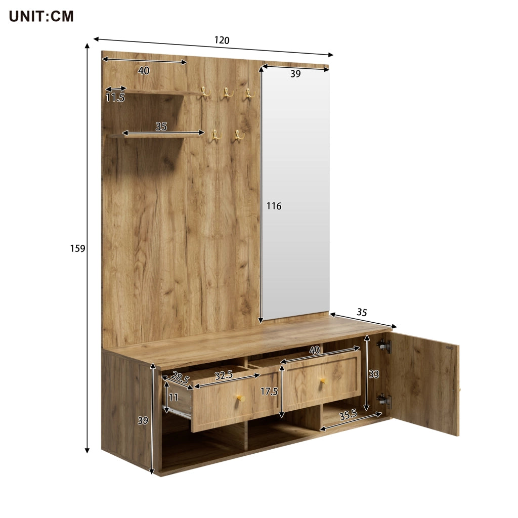 Mobile da ingresso con specchio intero 5 ganci 2 cassetti in truciolare effetto legno naturale 120 × 35 × 159 cm