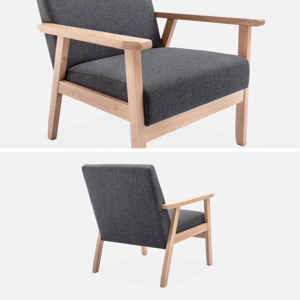Poltrona scandinava in legno e tessuto, grigio scuro