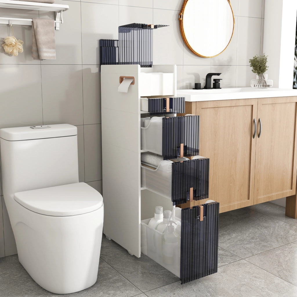 Mobile contenitore stretto in PP bianco con 4 cassetti; 2 coperchi e ruote