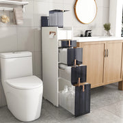 Mobile contenitore stretto in PP bianco con 4 cassetti; 2 coperchi e ruote