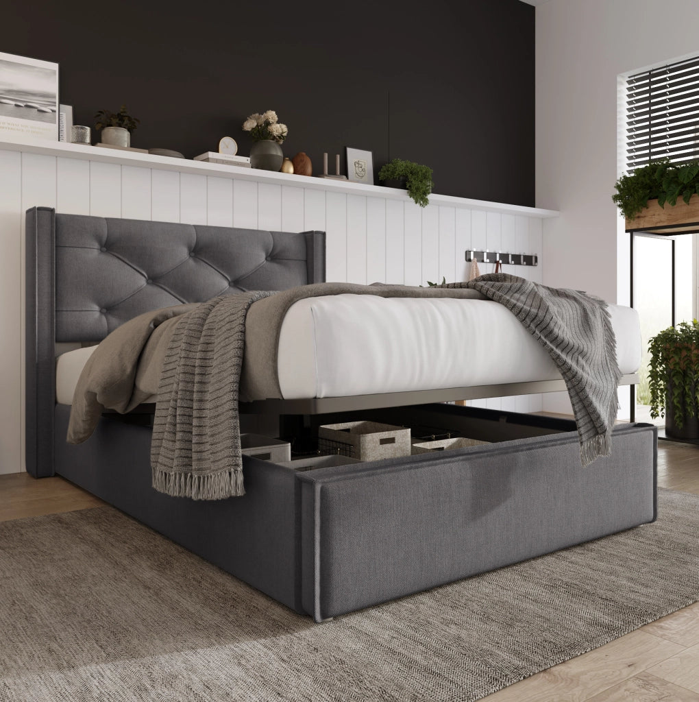 Letto imbottito contenitore 90x200 cm con rete sollevabile; cotone grigio