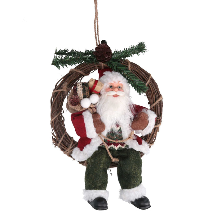 Babbo natale in tessuto su ghirlanda verde e rosso cm xh32/49