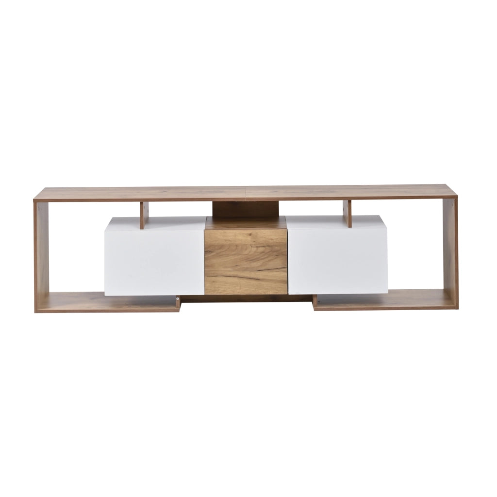 Mobile porta TV con 2 ante a ribalta, 1 anta e 3 vani aperti, per soggiorno, bianco e naturale 180 × 30 × 49 cm