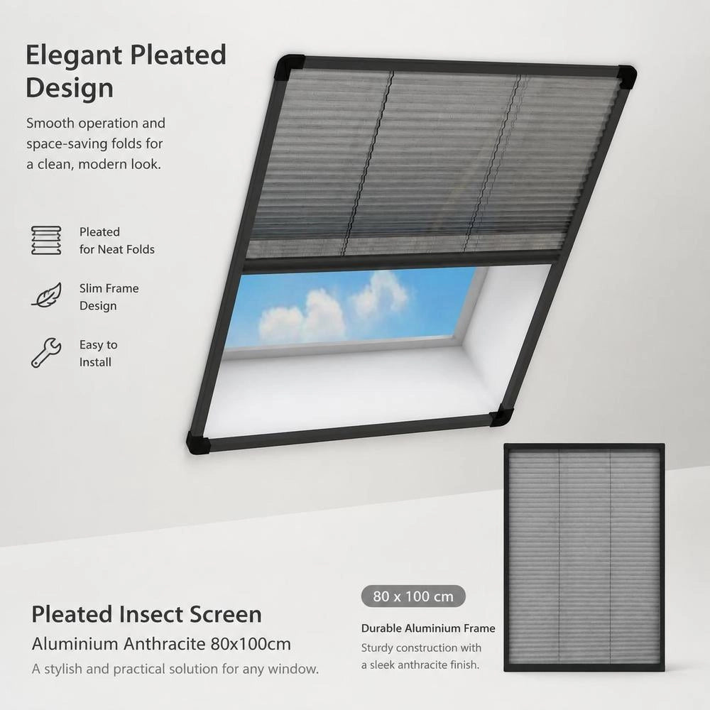 Insect Screen Pleated Blind For Windows, Aluminum, Anthracite, 80x100cm