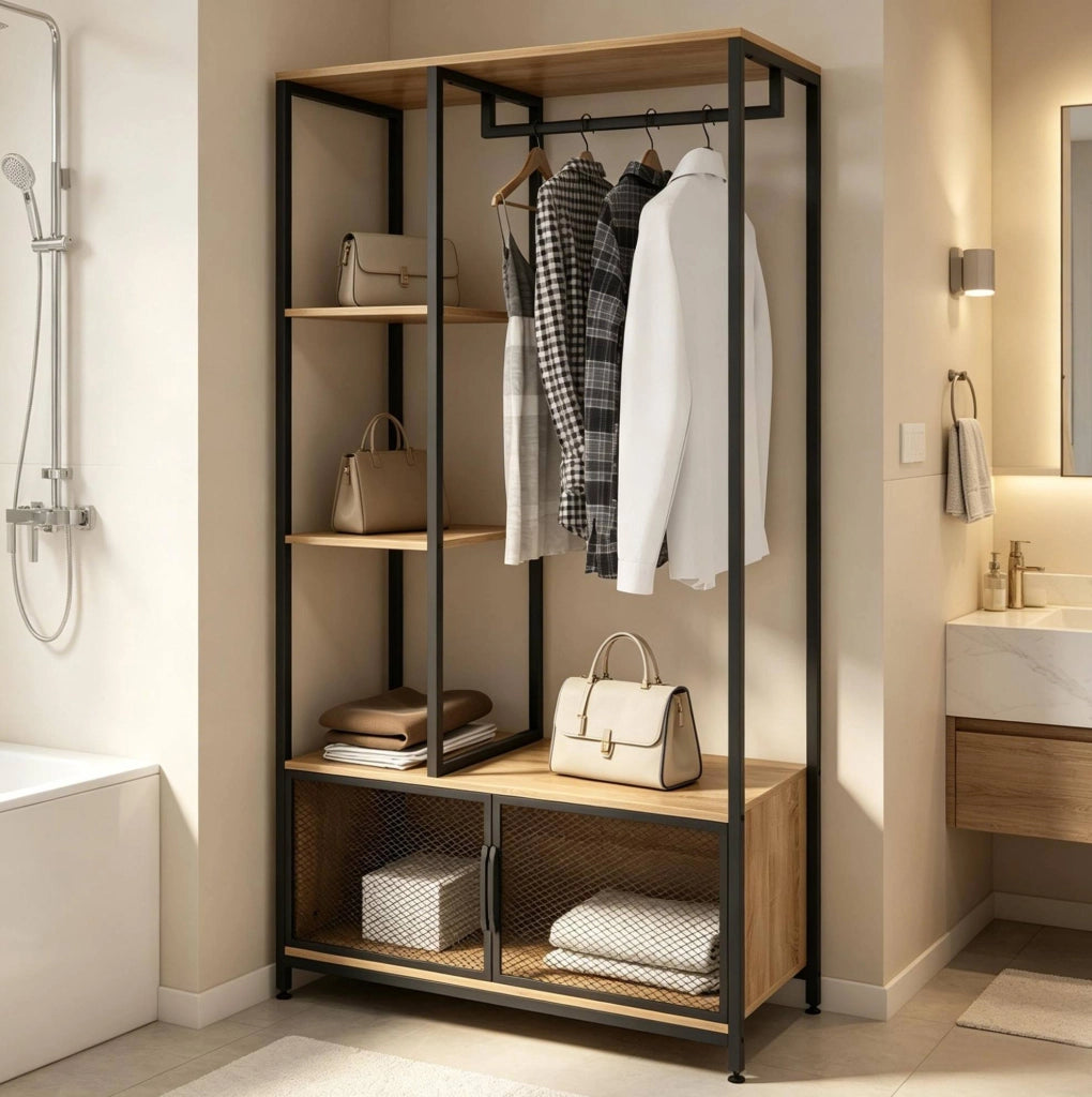 Appendiabiti aperto 90x40x167 cm nero e rovere chiaro MDF metallo con ripiani