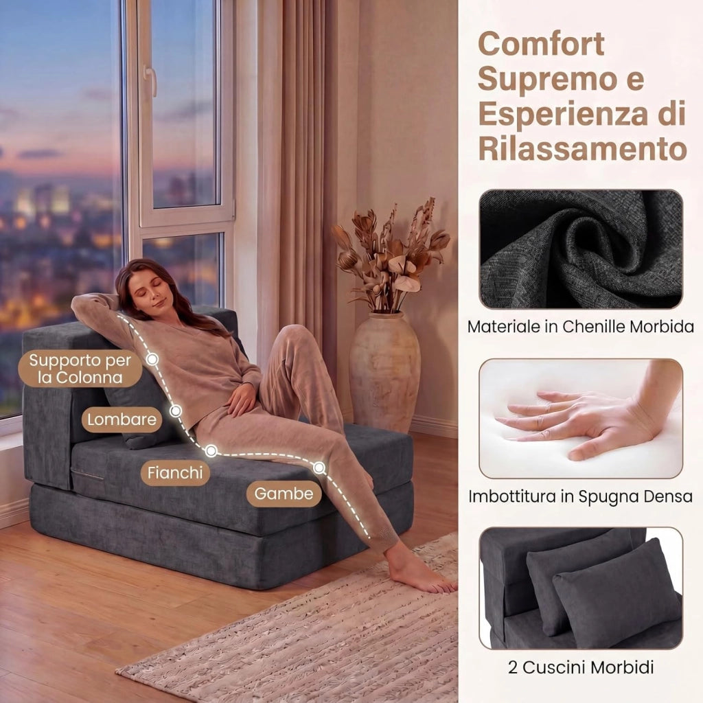 Divano Letto 2 Posti Pieghevole, 3 in 1 Divanetto Trasformabile con 2 Cuscini, Schiuma ad Alta Densità e Rivestimento in Tessuto Chenille, Poltrona Letto per Soggiorno (Grigio,72 x 76 x 58 cm)