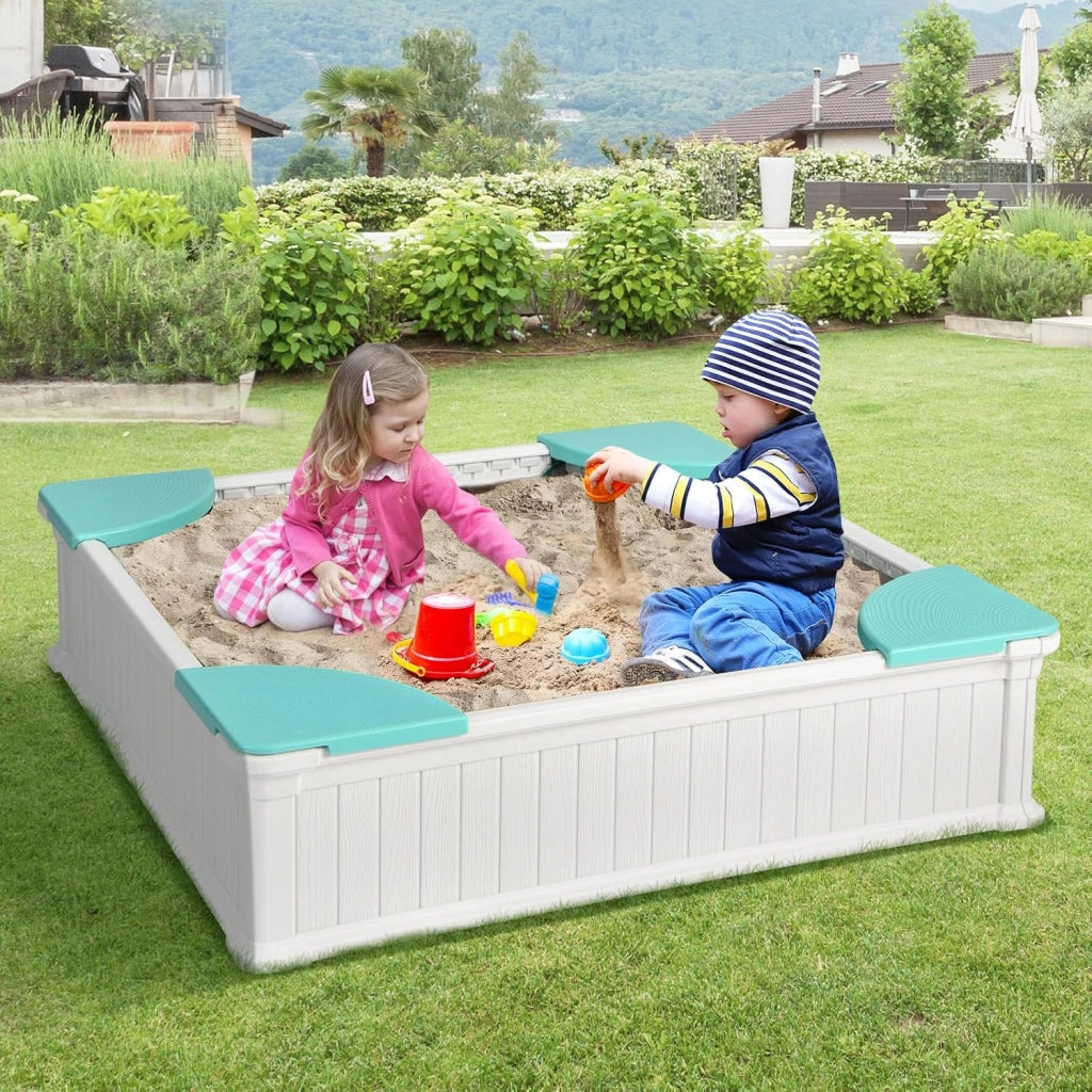 Sabbiera per Bambini, Sabbiera da Cortile con 4 Sedute Angolari e Copertura in Oxford, per Cortile Spiaggia Prato, 123,5 x 123,5 x 31,5 cm (Verde+Bianco)