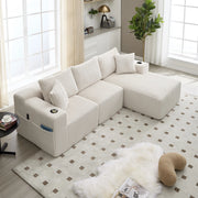 Divano modulare 257x160x62 cm con 5 cuscini; tasche laterali e portabicchieri in corduroy beige