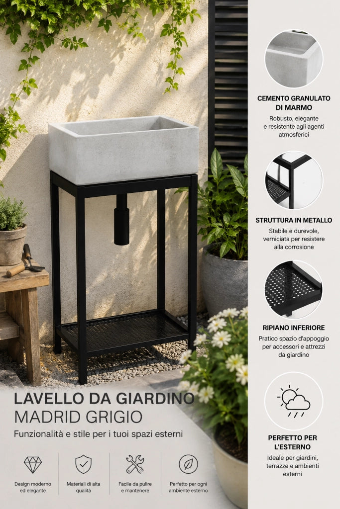 Lavello da Giardino Senza Rubinetto in Cemento Granulato di Marmo Madrid Grigio