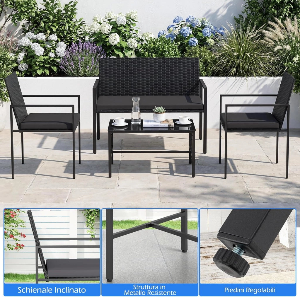 Set di Salotto da Giardino a 4 Pezzi, Poltrone e Divano per Esterno in Rattan con Tavolino da Caffè in Vetro Temperato e Cuscini Morbidi, Set di Conversazione per Cortile e Balcone (Grigio)
