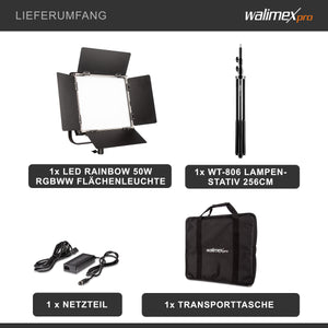 LED Rainbow 50W RGBWW Set - composto da luce, alette di schermatura, alimentatore, borsa per il trasporto e lo stoccaggio, treppiede per lampada con attacco e adattatore