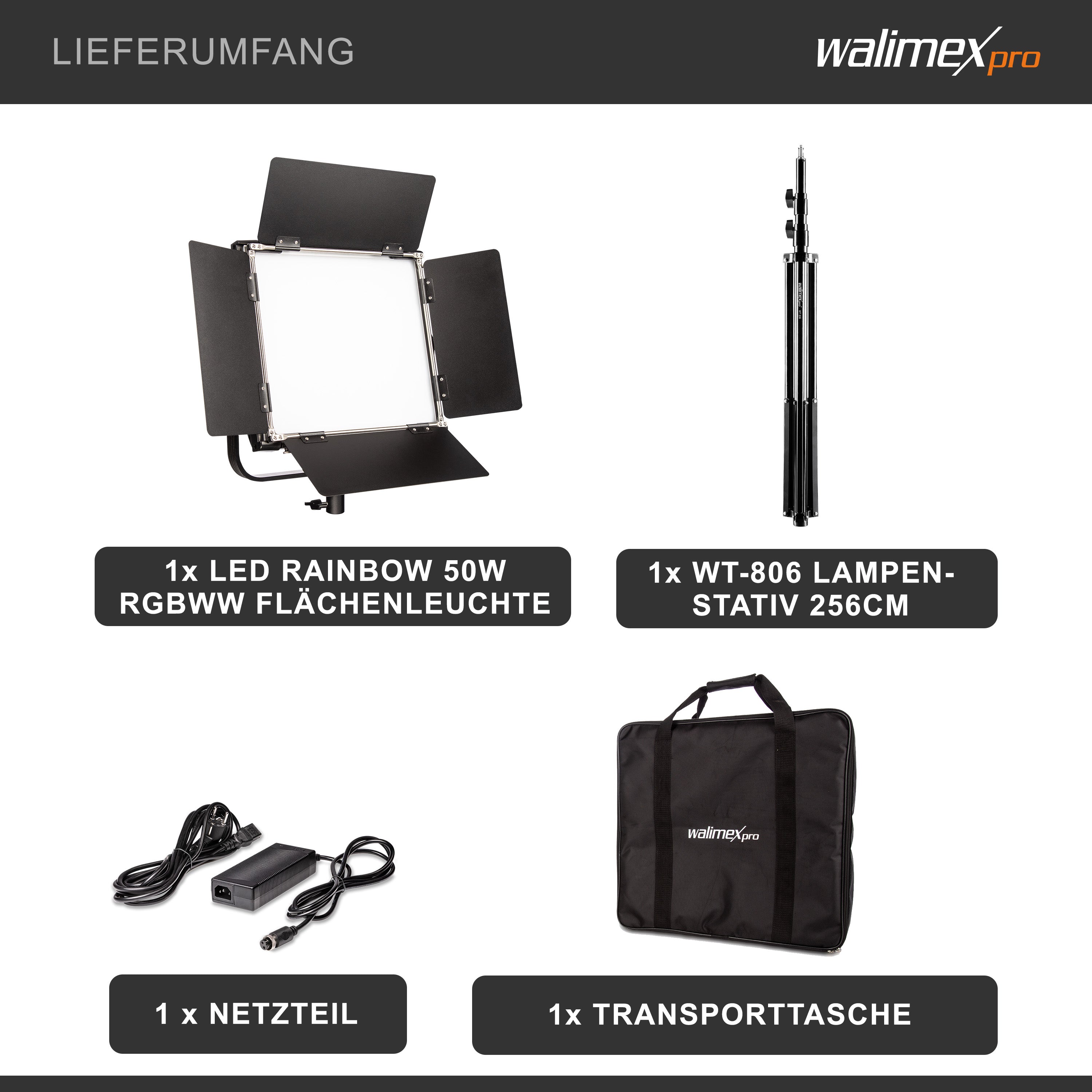 LED Rainbow 50W RGBWW Set - composto da luce, alette di schermatura, alimentatore, borsa per il trasporto e lo stoccaggio, treppiede per lampada con attacco e adattatore