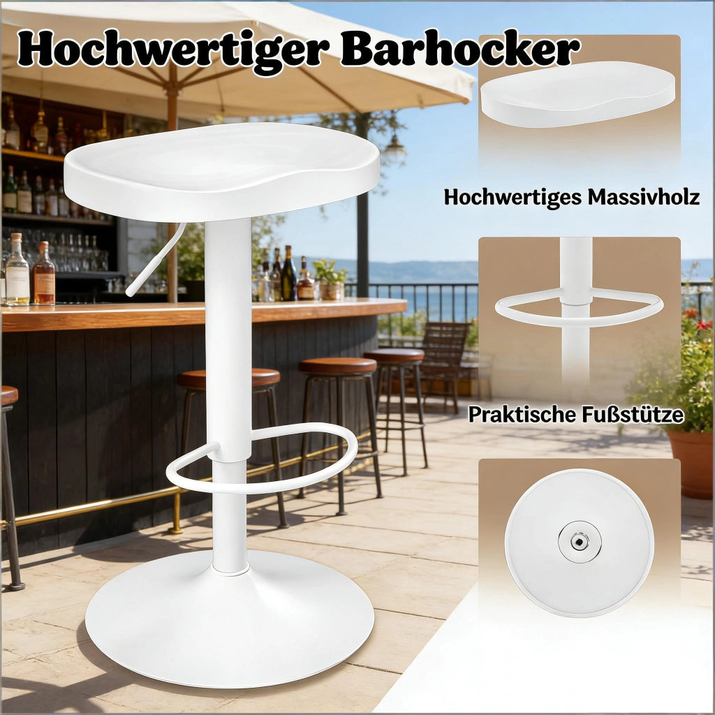 Sgabello da bar girevole regolabile in altezza con seduta ergonomica in legno massello e metallo bianco per cucina