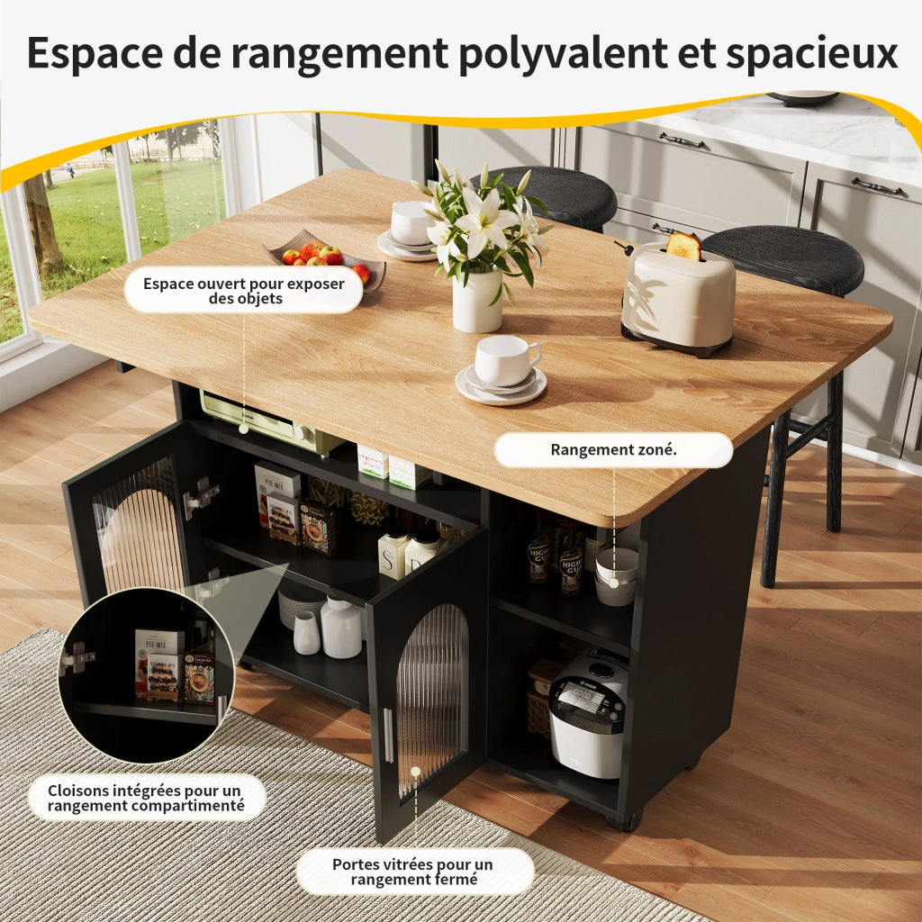 Carrello da Cucina con Piano Ribaltabile; 2 Vani Chiusi; Ripiani Aperti e Ruote; in MDF e Vetro; 120x30x79.5 cm; Nero e Naturale