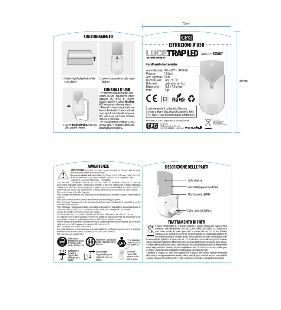 CFG Carta Adesiva di Ricambio Cartuccia pronta alluso per Lucetrap LED EZ007 cod. EZ008 ricarica Confezione da 6 Pezzi Cattura insetti volanti e non voloanti