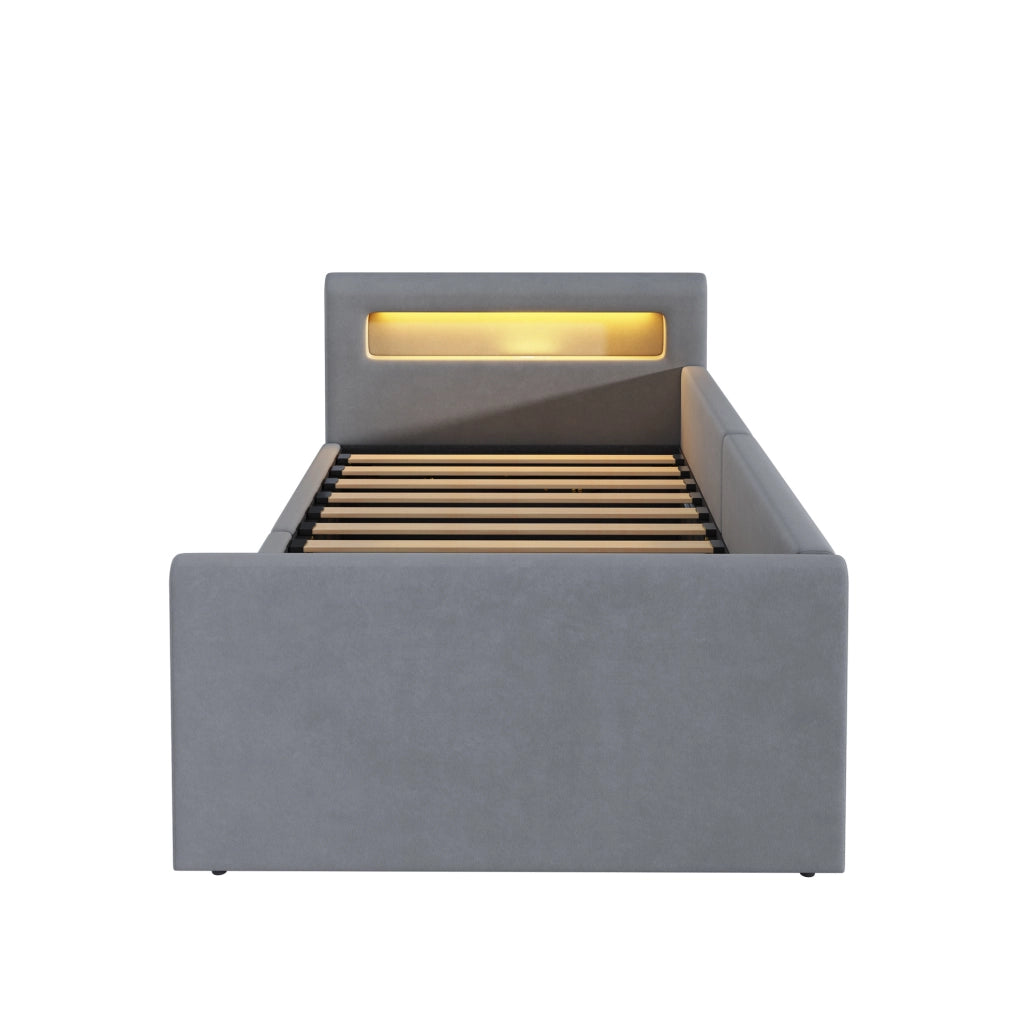Letto imbottito 90x200 cm con LED; luce notturna; USB e contenitore idraulico in velluto grigio