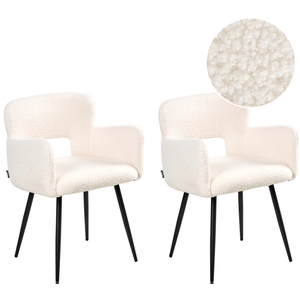 Set di 2 sedie da pranzo bouclè bianco braccioli schienale intagliato gambe in metallo moderna industriale