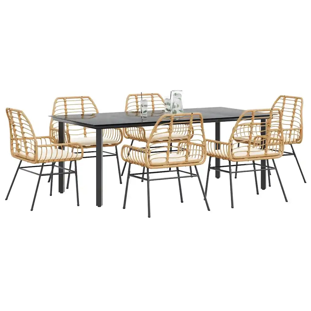 Set Pranzo da Giardino 7pz con Cuscini Marrone Polyrattan Vetro