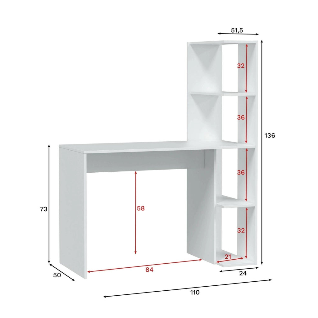 Scrivania Abba, Scrittoio lineare con libreria, Tavolo ufficio multiuso salvaspazio, 110x50h136 cm, Bianco