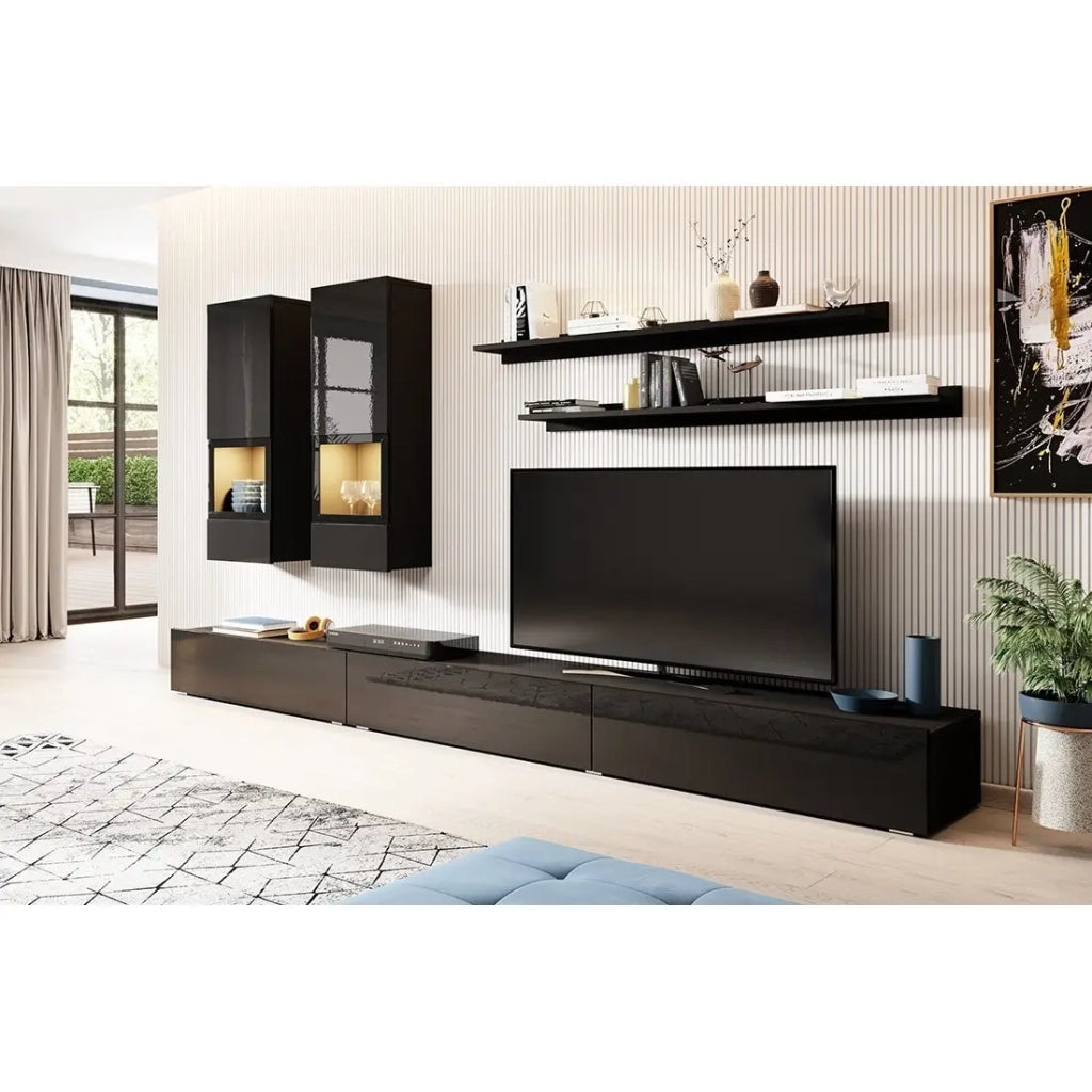 Set di mobili da soggiorno collezione RAMOS. Colore nero lucido. LED integrati.