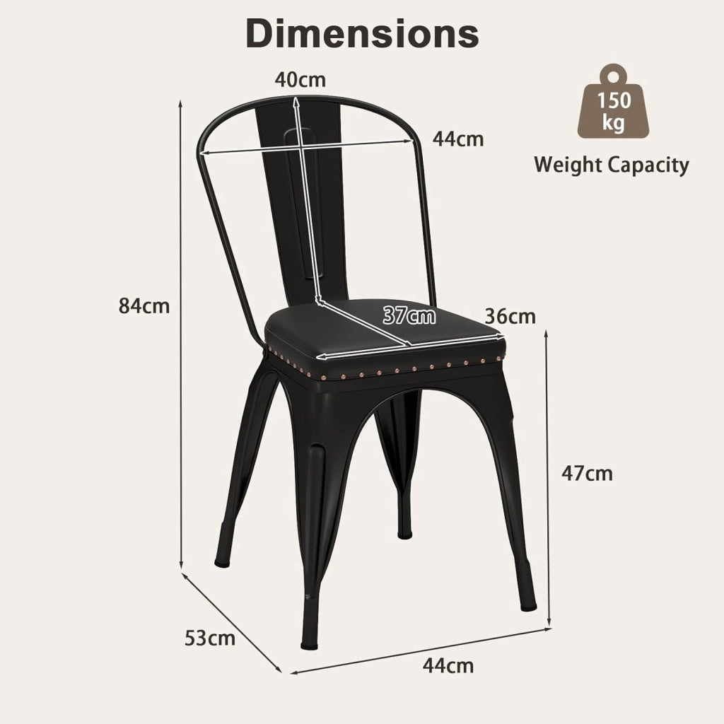 Set di 4 sedie da pranzo impilabili, da cucina, da bistrò, con schienale rimovibile, imbottite, da soggiorno, da pranzo, in metallo, portata 150 kg, 44 x 53 x 84 cm (nero)