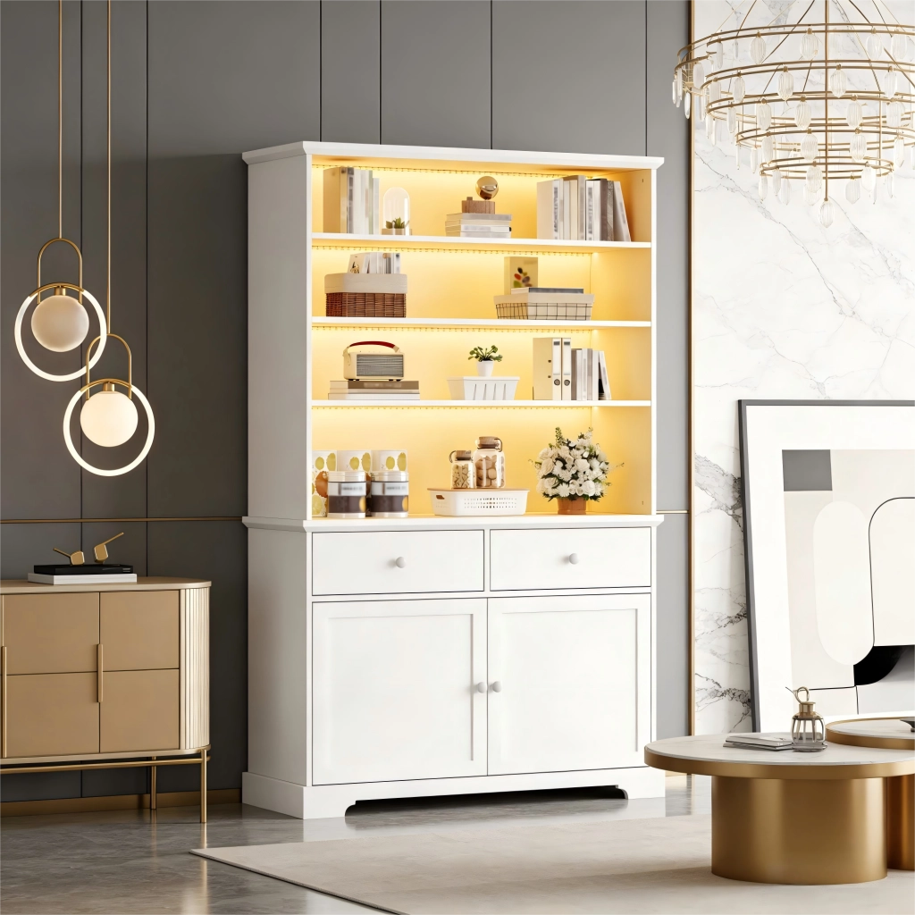 Vetrina con LED, 2 ante, 2 cassetti e 7 vani per soggiorno, in truciolare bianco, 100 × 38 × 170 cm