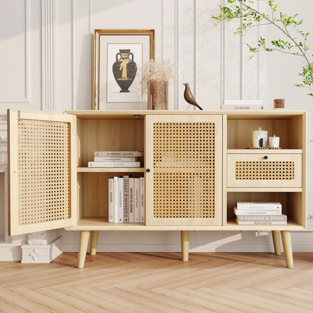 OKWISH Credenza Retrò con 1 Cassetto e 2 Ante Magnetiche, Ripiani Regolabili, per Soggiorno o Sala da Pranzo, 120×40×80 cm