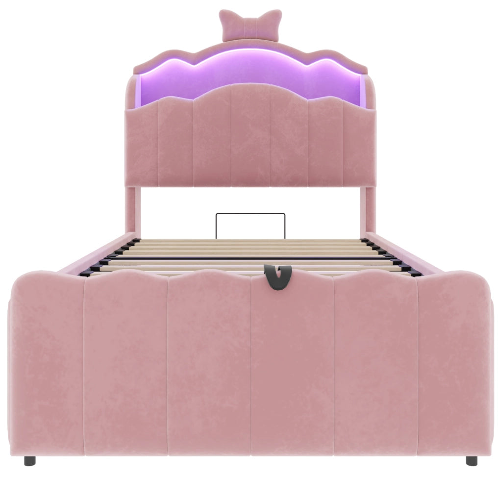 Letto per bambini 90 x 200 cm con testiera a fiocco; LED multicolore; USB e USB-C in velluto rosa