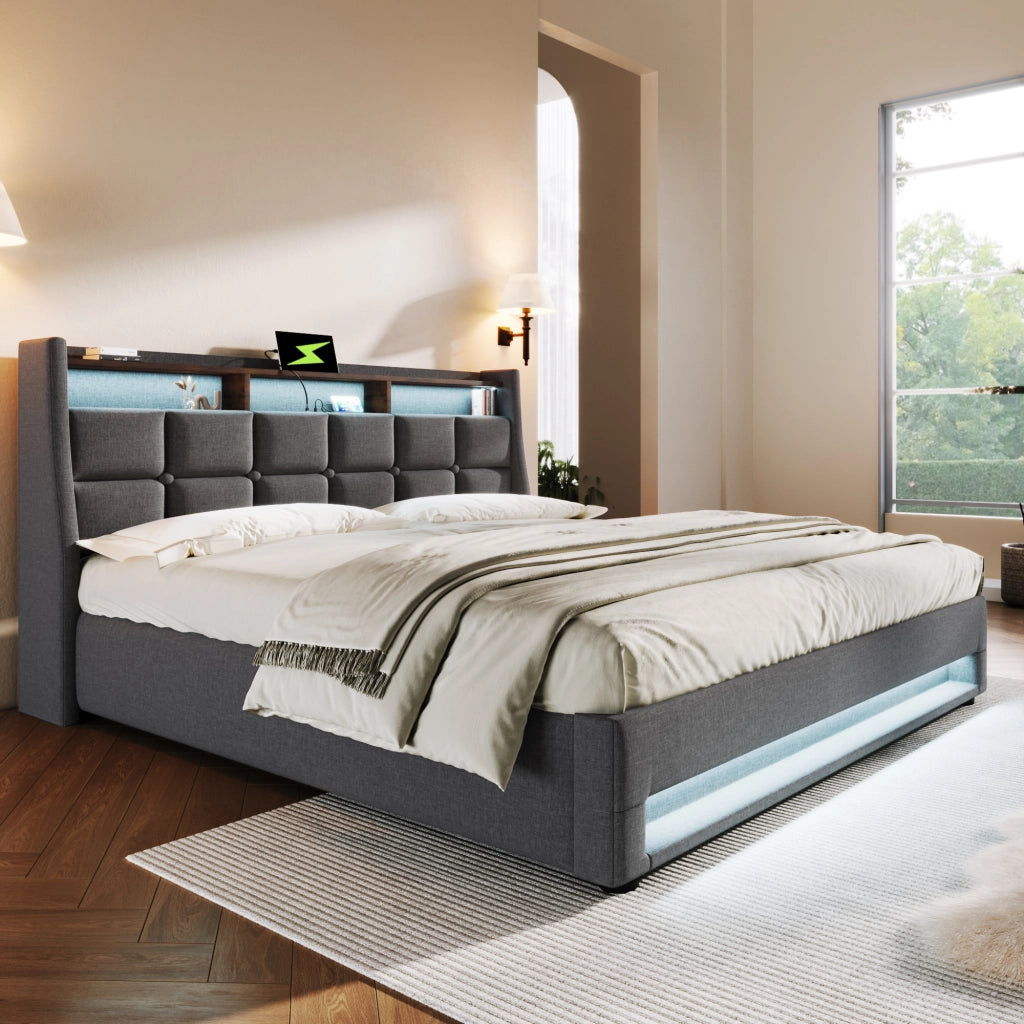 OKWISH Letto Contenitore 180×200 cm, Letto Matrimoniale con USB, LED Regolabile e Vano Contenitore, senza Materasso, in Lino, Grigio