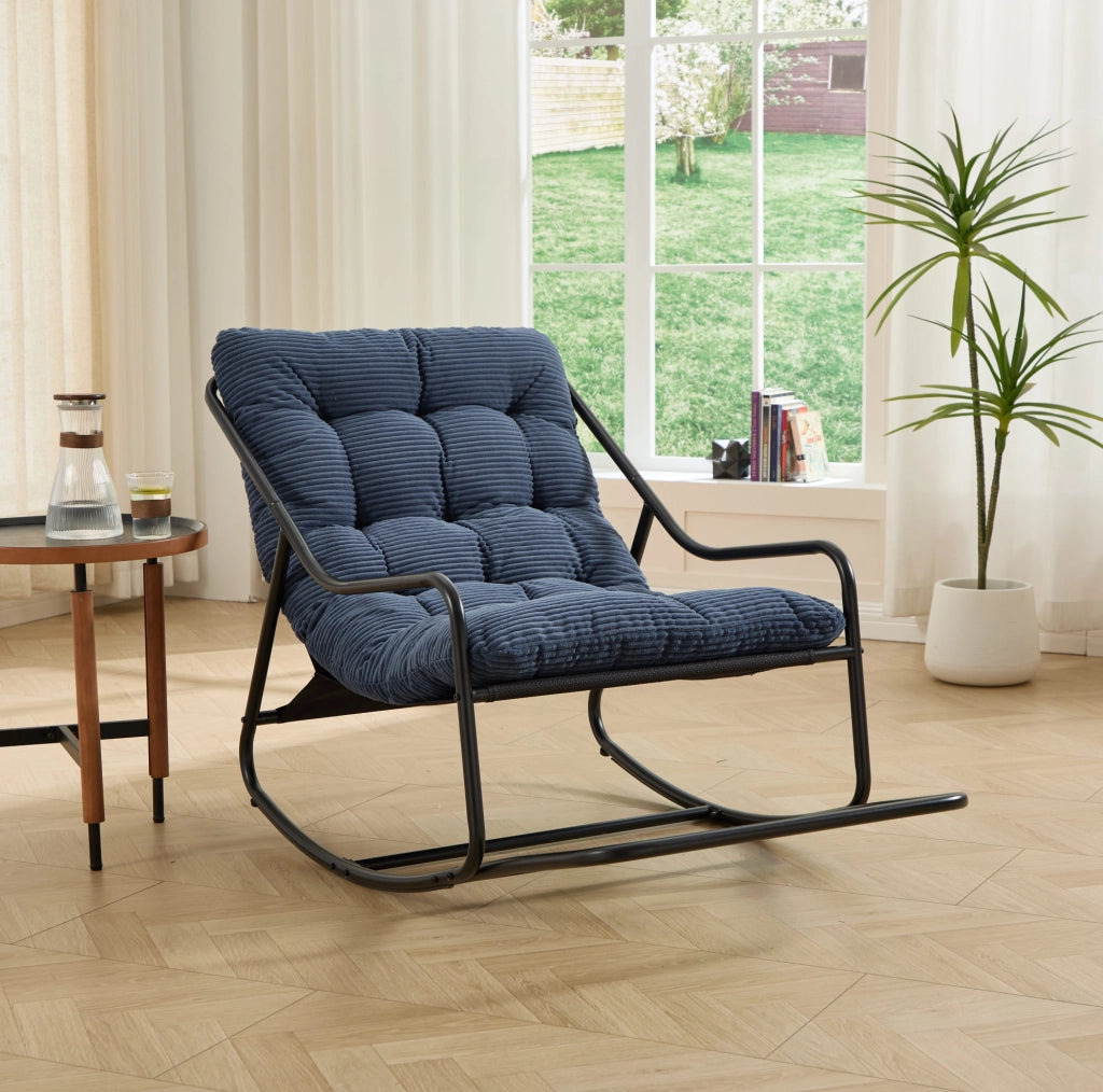 Sedia a dondolo da esterno in acciaio 75x116x82 cm con cuscino spesso in velluto a coste blu navy