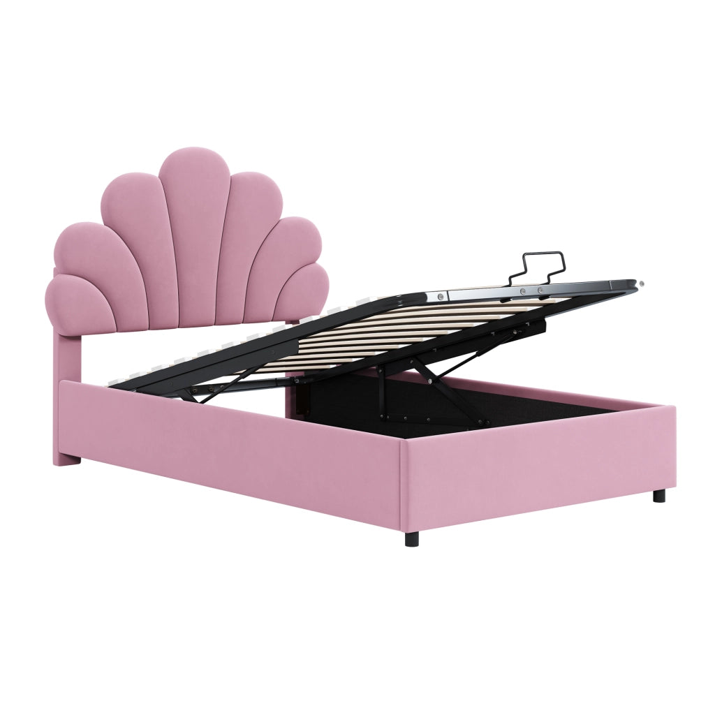 Letto Contenitore Letto Singolo 90×200 cm con Testiera Regolabile e Apertura Idraulica; senza Materasso; Rosa