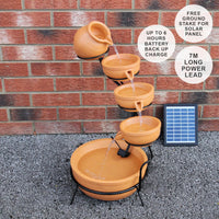 Fontana Solare a Cascata da Giardino con Batteria di Supporto da 6 Ore Fontanella con Pannello Solare e Picchetto Fontanella a Vasi Fontana con Ciotole - Terracotta
