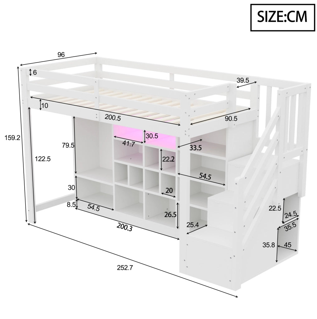 Letto a soppalco 90x200 cm in legno bianco con armadio integrato; ripiani e LED