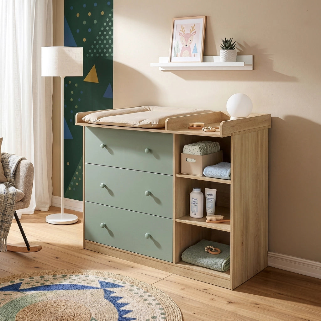 Cassettiera Beldinupp con Piano Fasciatoio Rimovibile 93 x 110 x 55 cm - Effetto Rovere / Verde [en.casa]