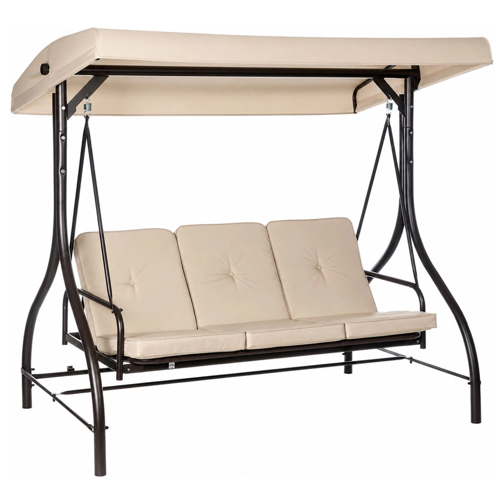 Dondolo Da Esterno 3 Posti Con Copertura Parasole Seduta Regolabile Convertibile In Letto Telaio In Acciaio Per Giardino Patio E Terrazza 195 X 120 X 175 Cm Beige