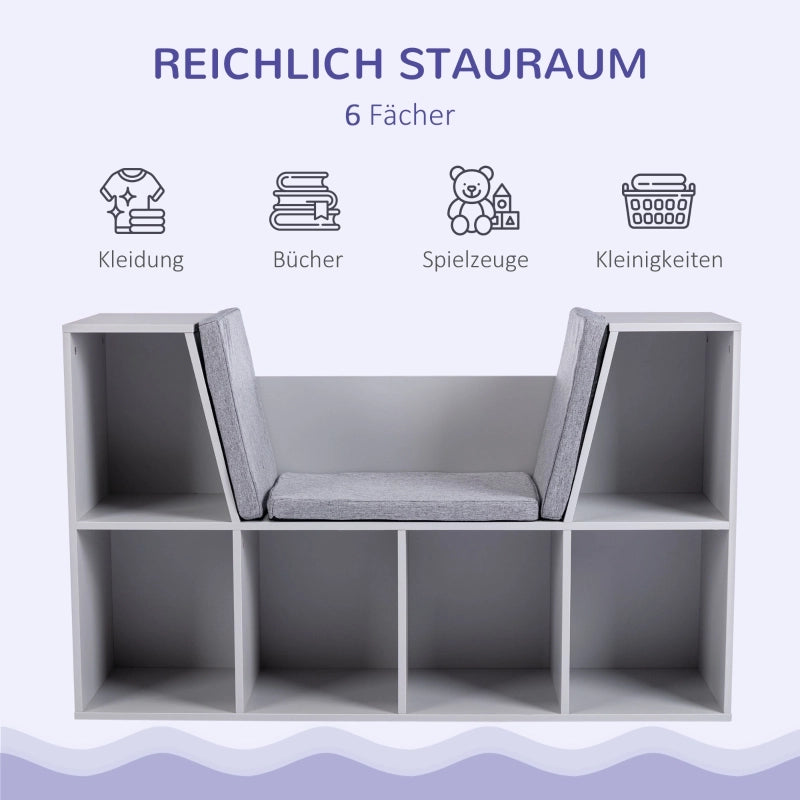 Libreria per bambini con sgabello, panca per bambini con 6 scomparti, cassapanca con 3 cuscini, contenitore per giocattoli, et¨¤ 3+, grigio, 103 x 30