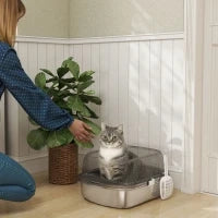 Lettiera per Gatti Coperta Chiusa con Vassoio in Acciaio Inox Pareti Alte Paletta e Area per Caduta di Sabbia Grigio