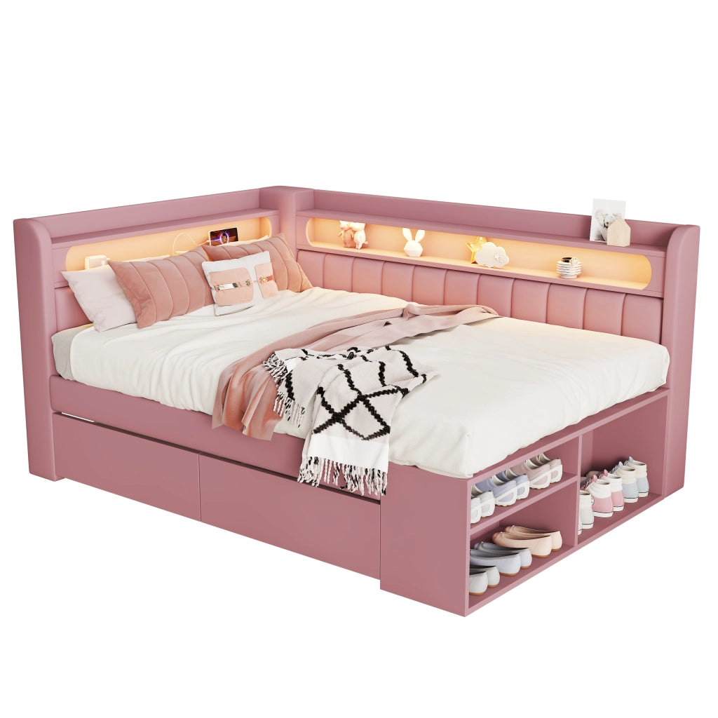 Letto imbottito 90x200 cm con USB; LED e mobile portascarpe in MDF e compensato rosa