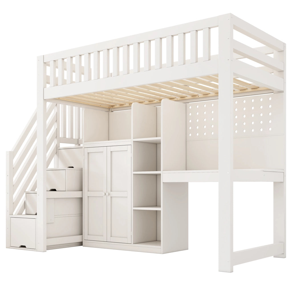 OKWISH Letto a Soppalco 90×200 cm, Letto Singolo con Scrivania, Armadio, Mensole, USB e Tipo C, senza Materasso, in Legno, Bianco