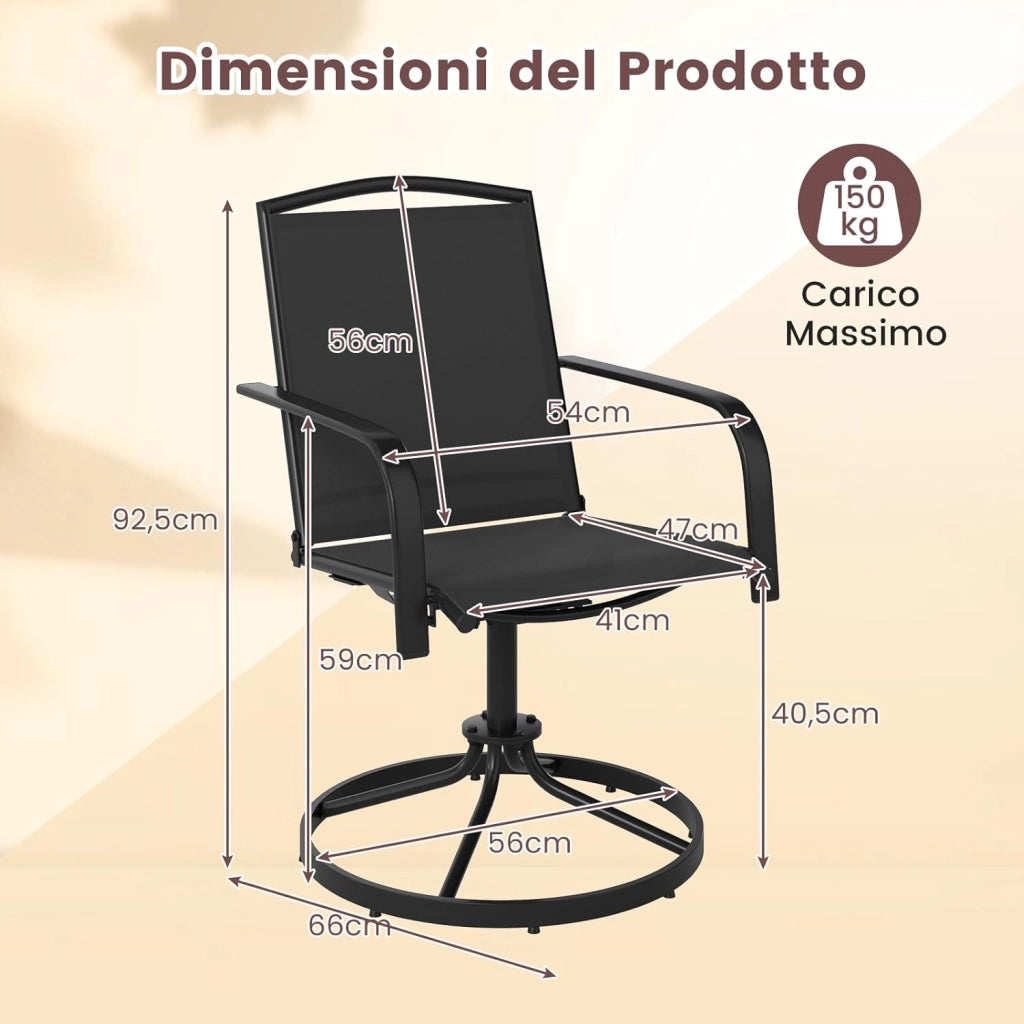 Set di 2 Sedie da Patio Girevoli, Poltrone a Dondolo in Rete a 360° con Schienale Alto e Base Rotonda in Metallo, Sedia a Dondolo Robuste per Giardino Balcone, Portata 150 kg (Nero)