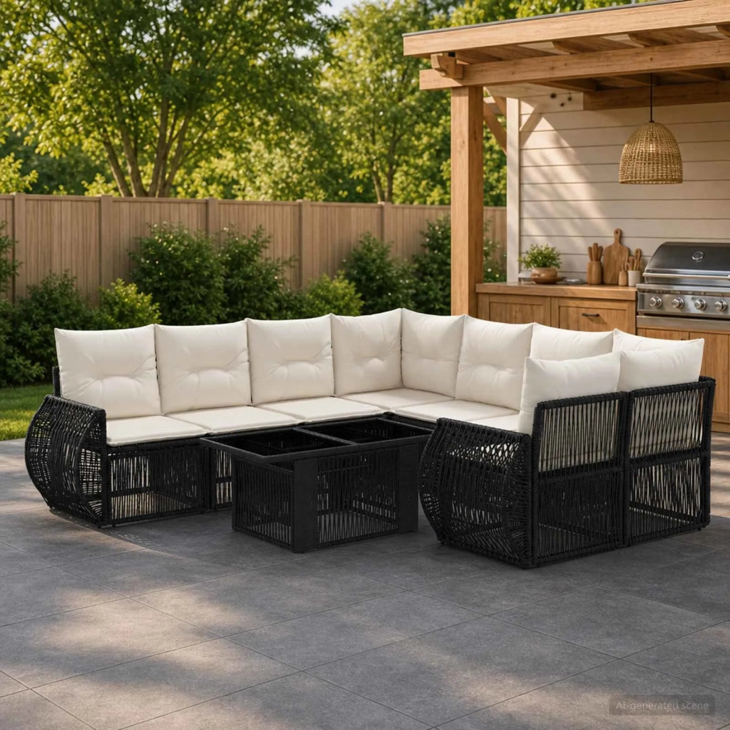 Set Divano da Giardino 9 pz Nero e Bianco Crema polyrattan 3436915