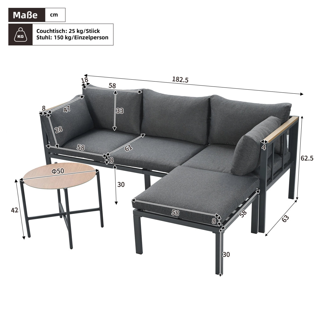 Set mobili giardino: Divanooo angolare + Divanooo + tavolino + poggiapiedi; acciaio zincato; vetro; grigio