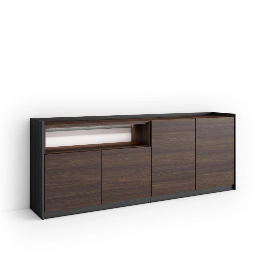 Credenza, Mobile, Cucina, 207x80x37 cm, 4 Porte, LED, Rovere scuro e Nero