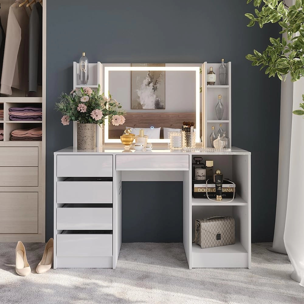 Tavolo da toeletta Sherry, Bianco/bianco lucido, 128.2 cm con specchio LED