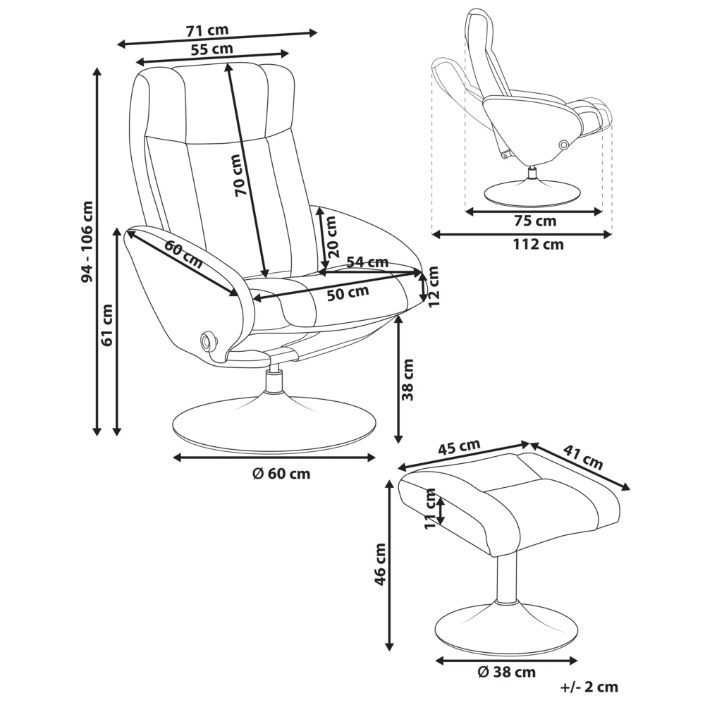 Poltrona reclinabile nera con poggiapiedi in ecopelle vegana girevole imbottita con struttura in metallo dal design retrò