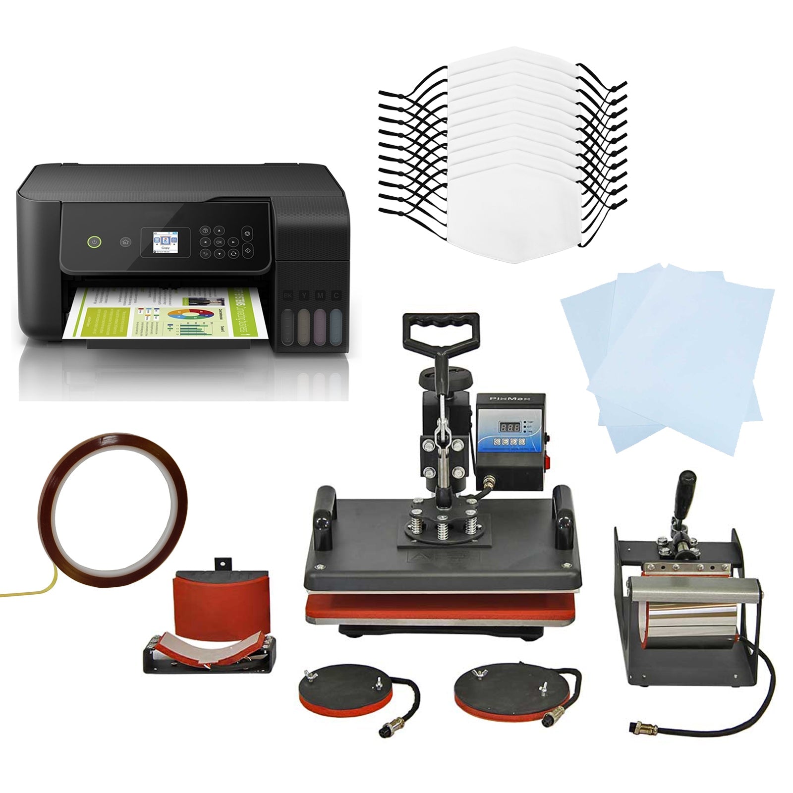 Kit per Sublimazione Pressa a Caldo 5 in 1 & Stampante Eco Tank & 10 Mascherine